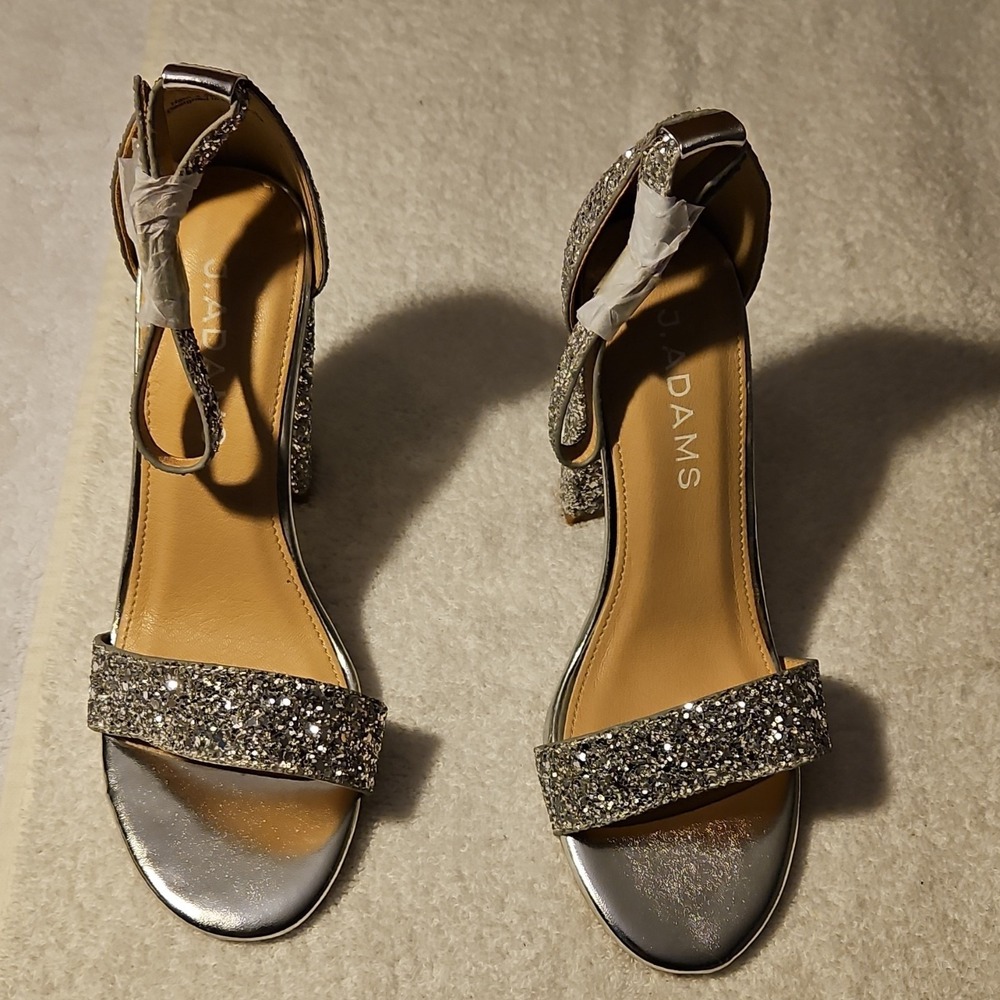 J. Adams‎ Silver Glitter Strappy Block Heel Ankle Strap Open Toe Buckle Size 5.5